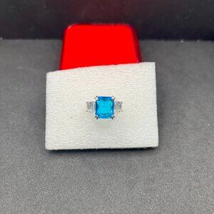 Square Blue Cz Silver Ring - Size 8